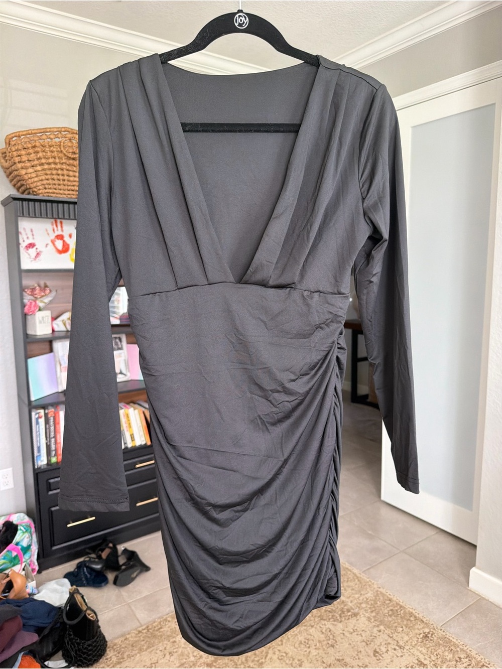 Amazon Black Long-Sleeve V-Neck Ruched Mini Dress